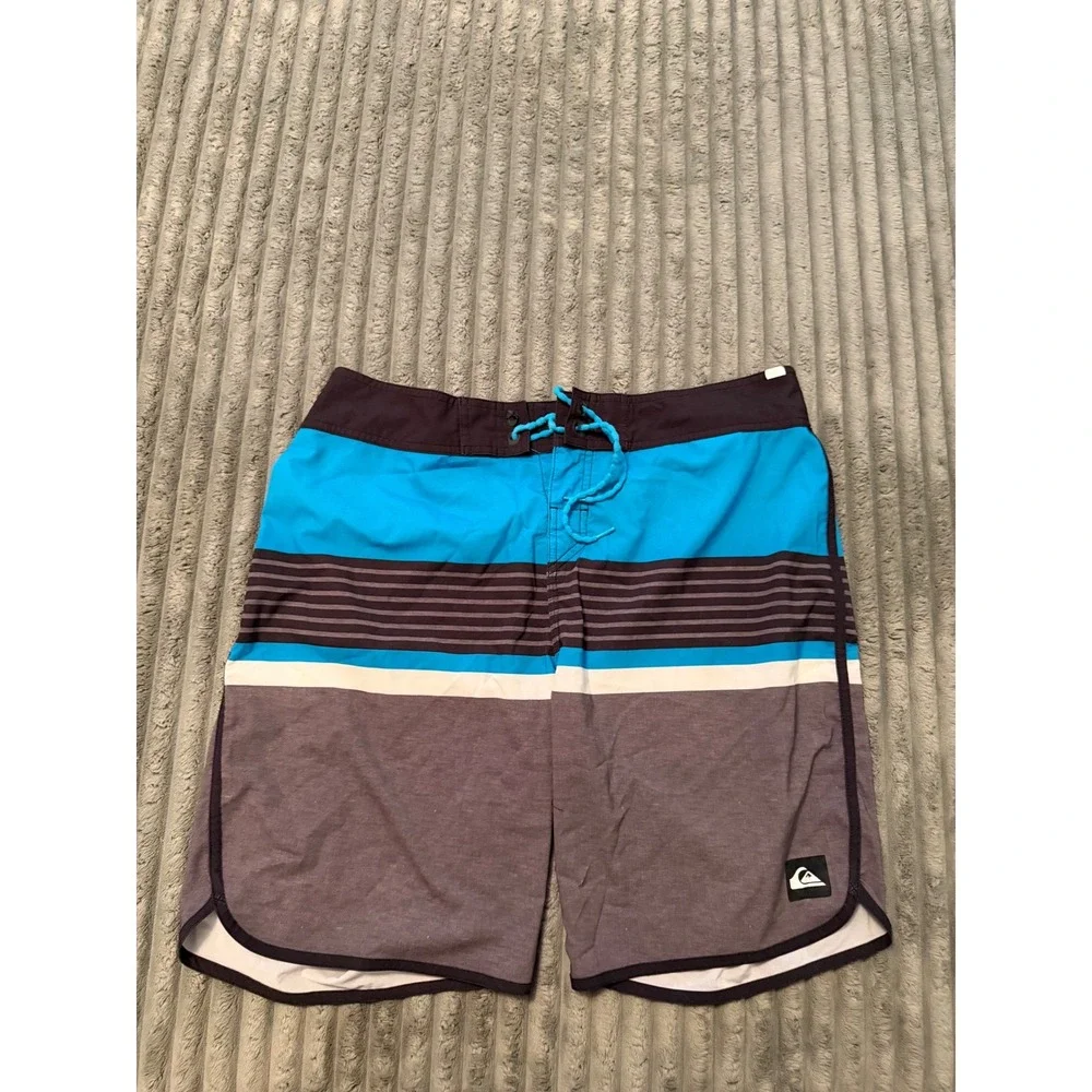 Quiksilver Mens Striped Board Shorts Blue Grey Black Swim Trunks Size 36 x 20